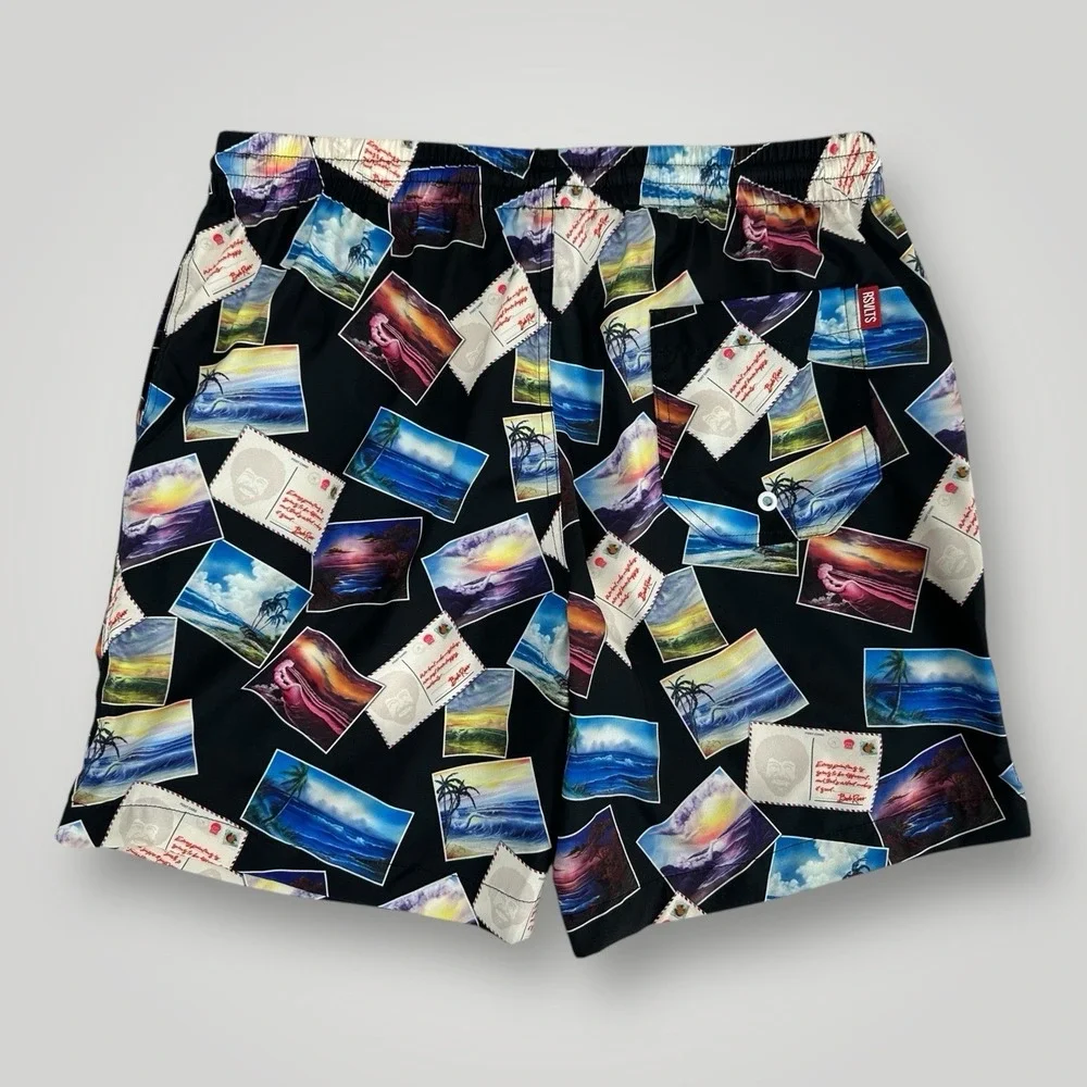 RSVLTS Bob Ross Postcards Swim Trunks Shorts Men's Size MEDIUM‎ Mesh Lined